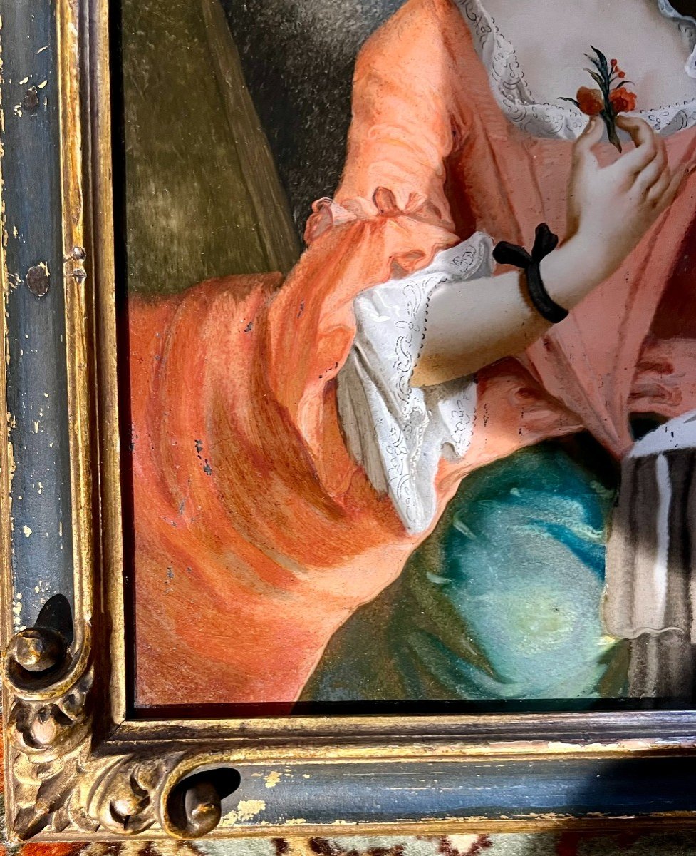 Jeune Femme Aux Fleurs. Fixé Sous Verre XVIIIème Siècle-photo-1