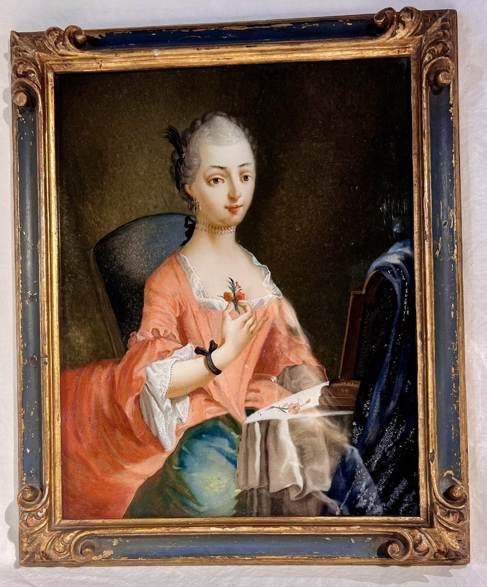Jeune Femme Aux Fleurs. Fixé Sous Verre XVIIIème Siècle-photo-2