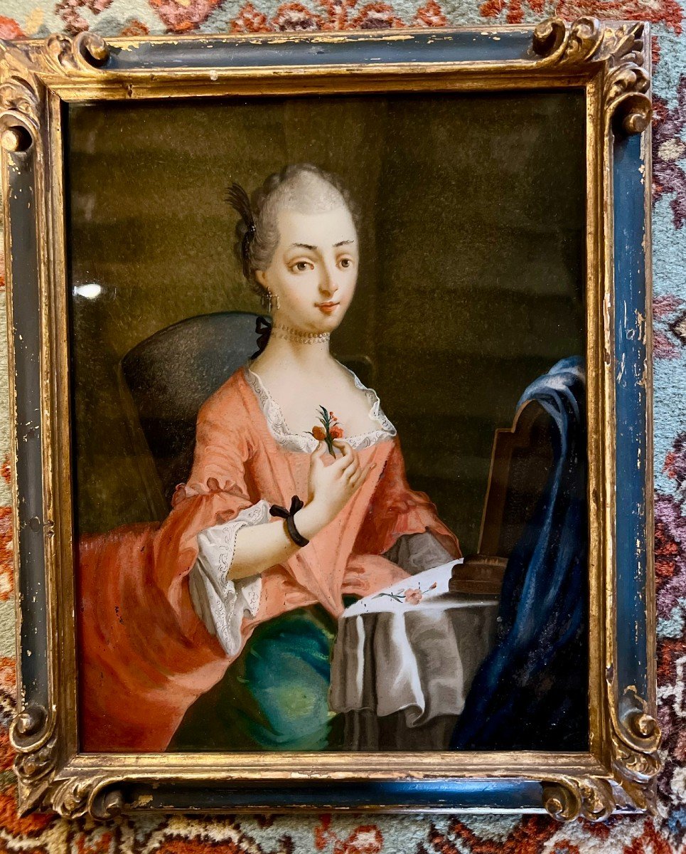 Jeune Femme Aux Fleurs. Fixé Sous Verre XVIIIème Siècle-photo-3
