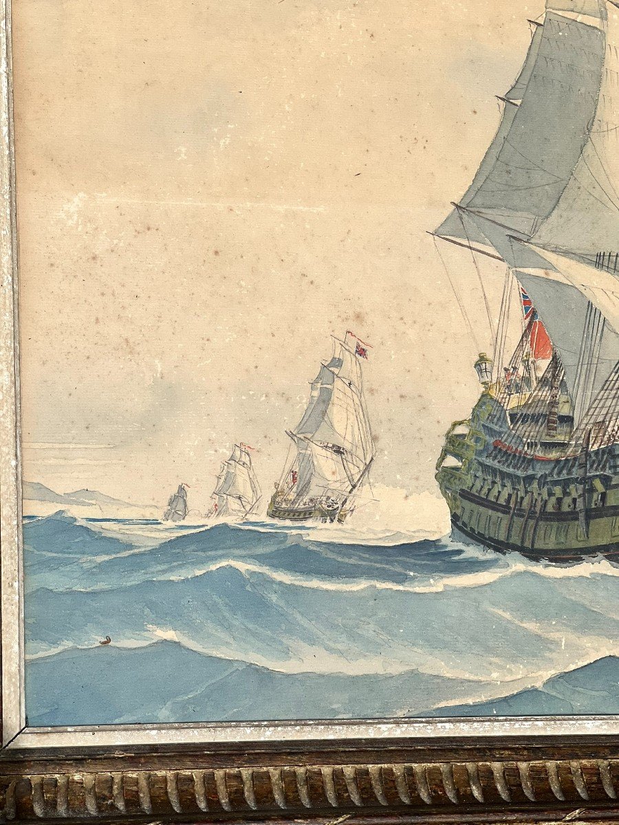 Watercolor Of Old Galleons Signed Sop-photo-1