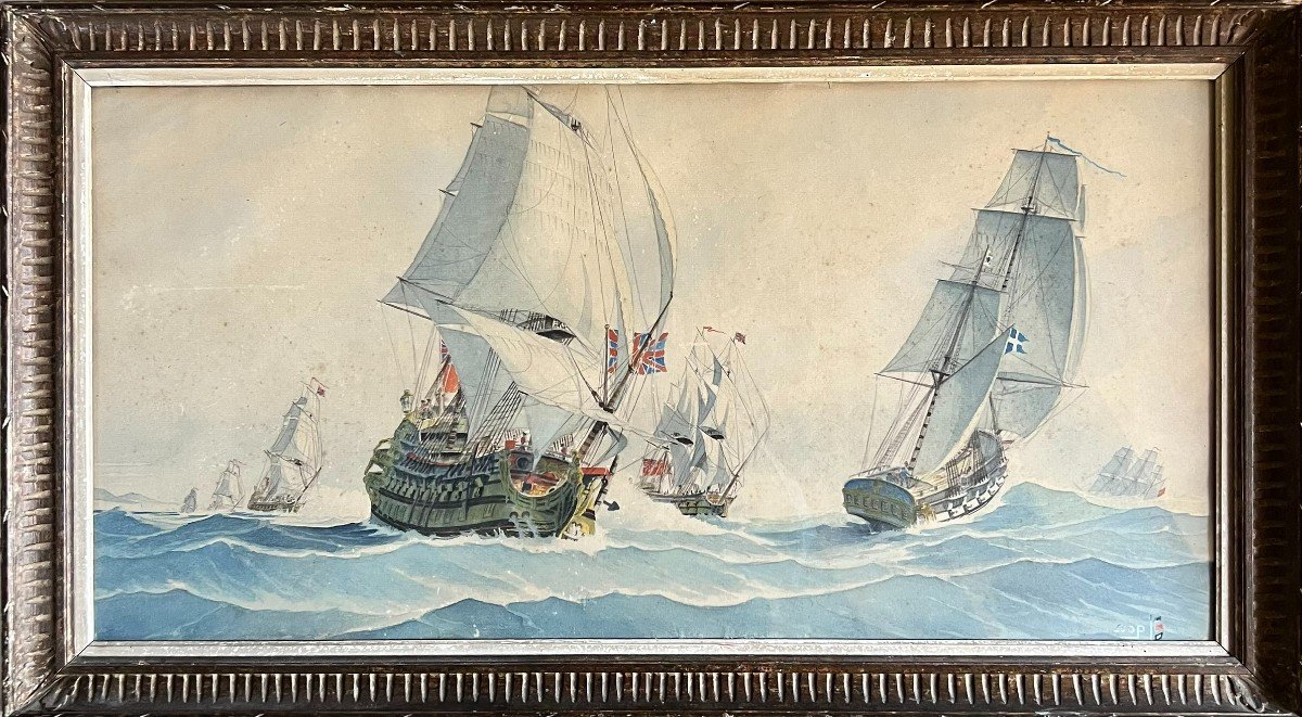 Watercolor Of Old Galleons Signed Sop