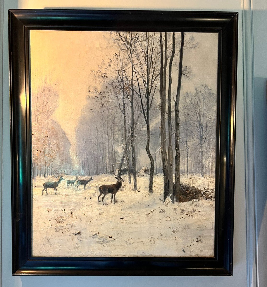 Deer And Stag In The Snow. Léon Le Goaesbe De Bellée. Oil On Canvas 19th Century