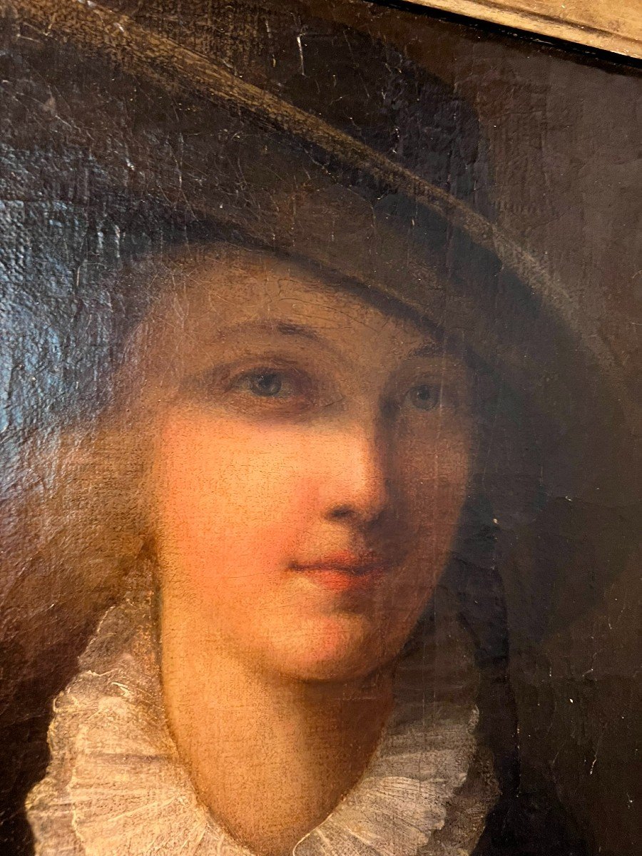 Portrait Of An Elegant Woman With A Hat. English School Oil On Canvas-photo-3
