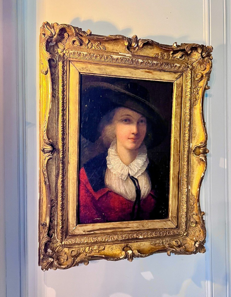 Portrait Of An Elegant Woman With A Hat. English School Oil On Canvas