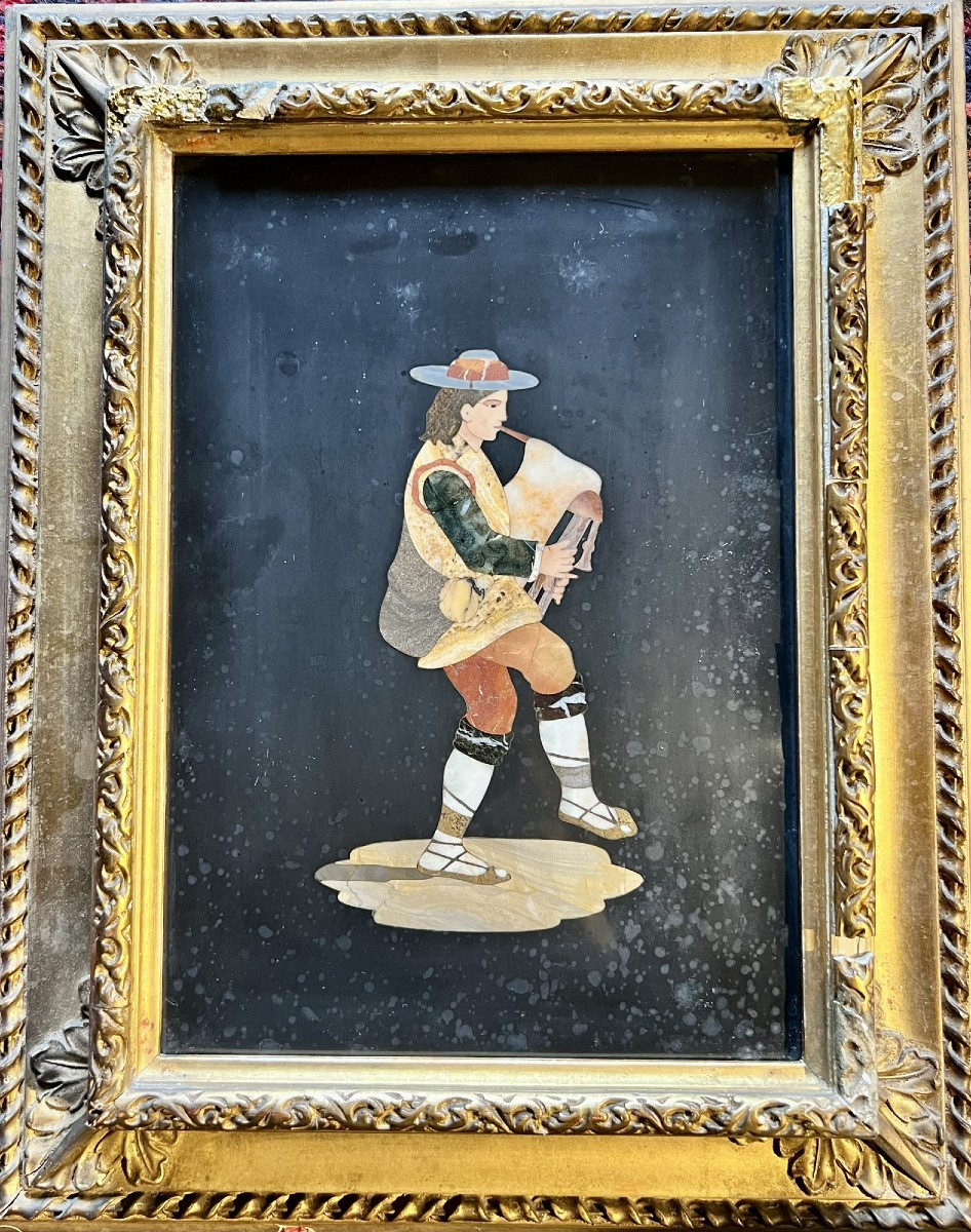 Pair Of Hard Stone Marquetry Paintings. Florentine Work, Circa 1880-photo-2