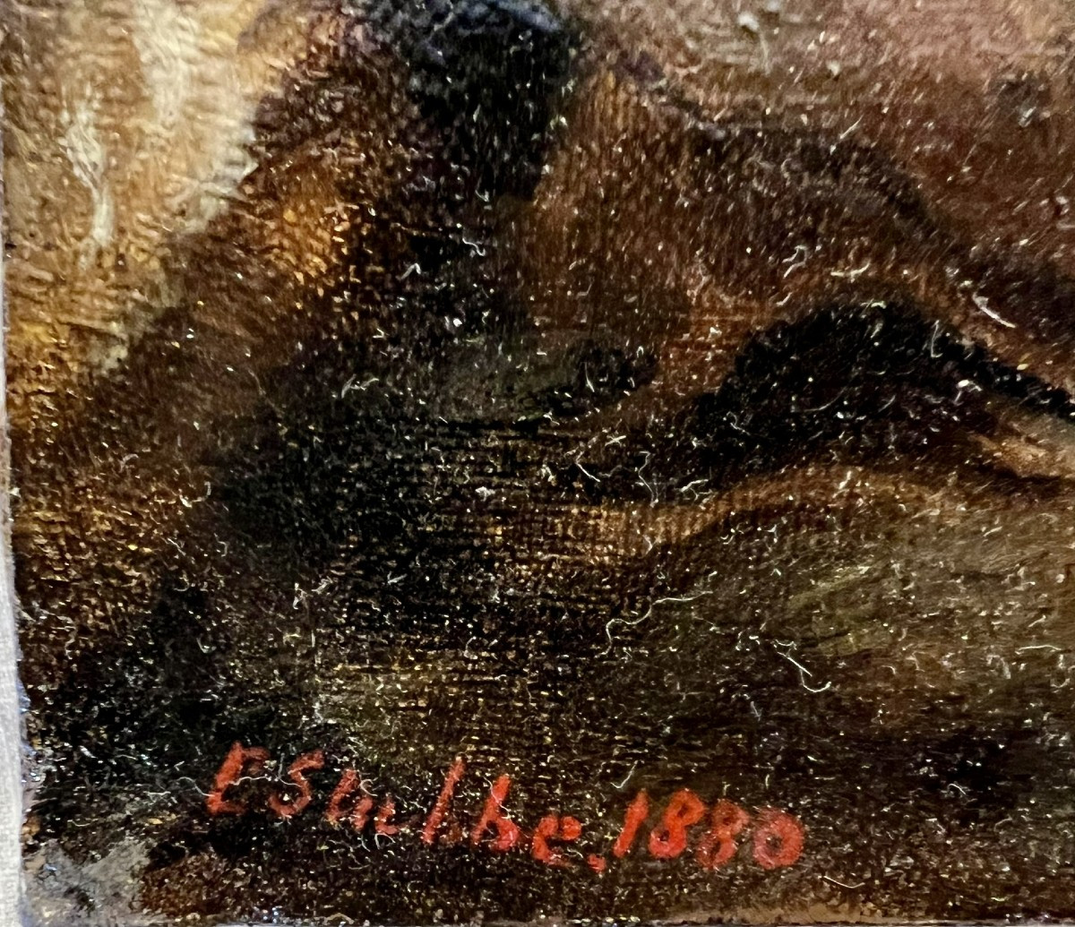 Chien et chat en combat. Huile sur toile signée E. Stubbe-photo-3