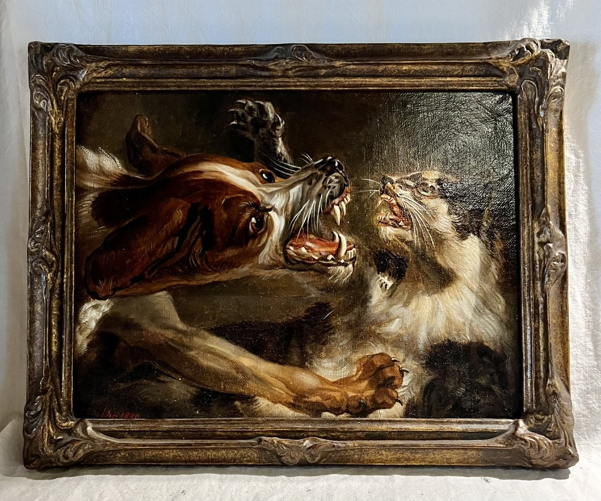 Chien et chat en combat. Huile sur toile signée E. Stubbe-photo-1