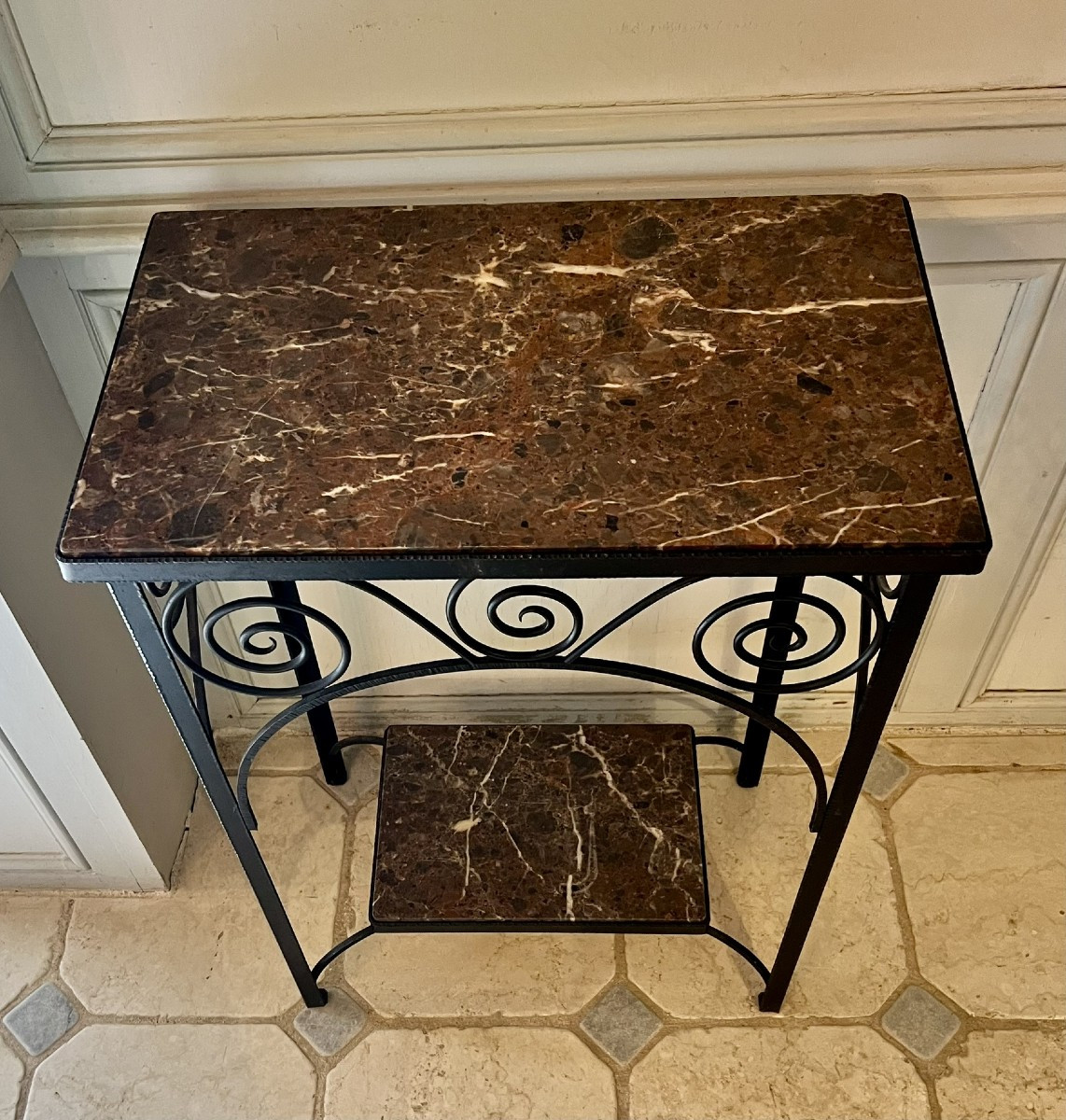 Pair Of Wrought-iron Sellettes With Breche Marble Tops, Mid-20th Century Work.-photo-4