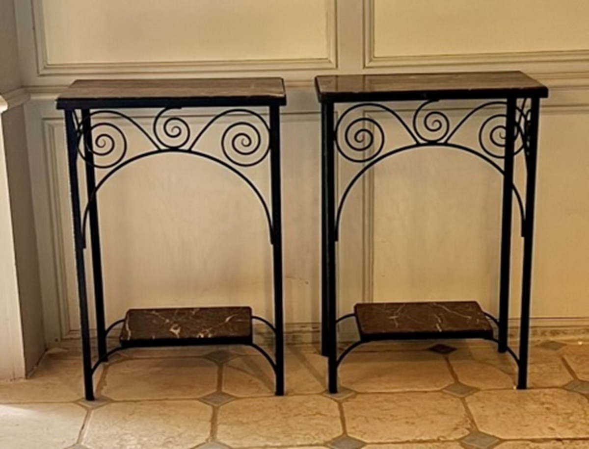 Pair Of Wrought-iron Sellettes With Breche Marble Tops, Mid-20th Century Work.-photo-1