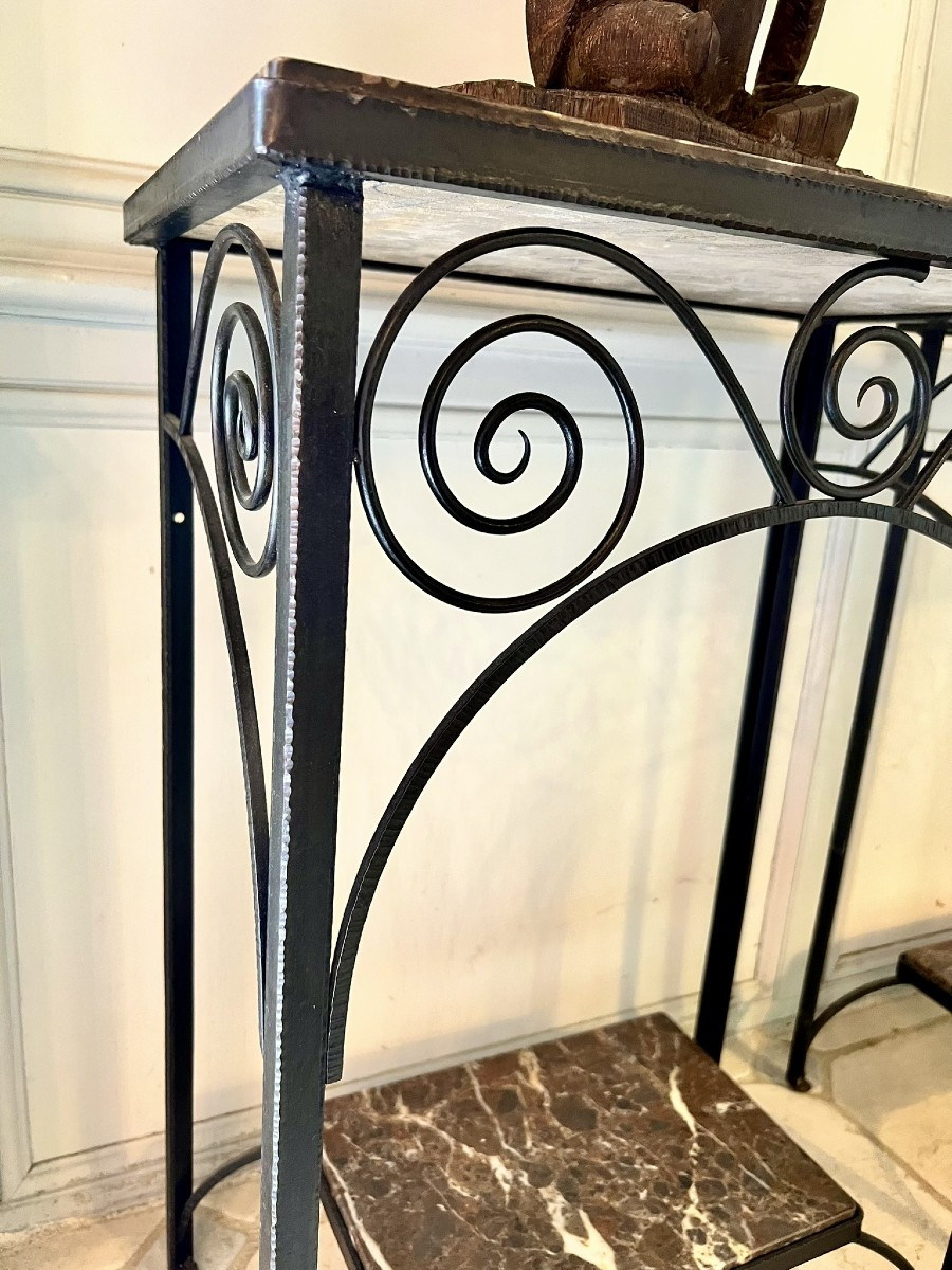 Pair Of Wrought-iron Sellettes With Breche Marble Tops, Mid-20th Century Work.-photo-3