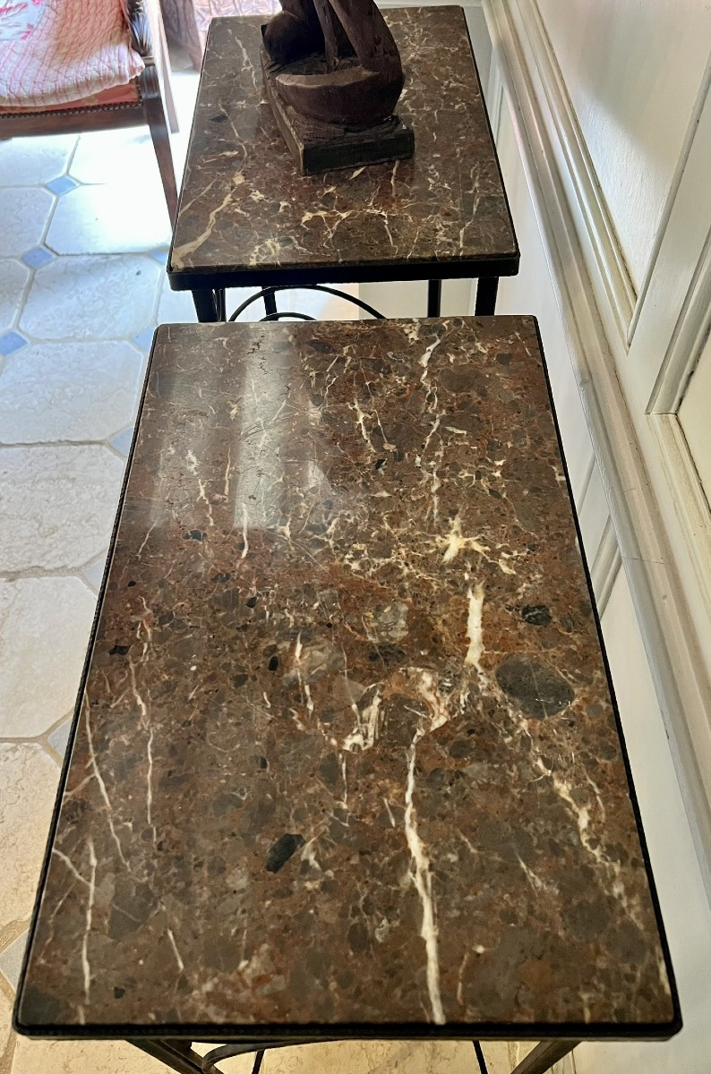 Pair Of Wrought-iron Sellettes With Breche Marble Tops, Mid-20th Century Work.-photo-4