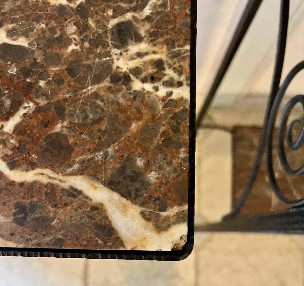 Pair Of Wrought-iron Sellettes With Breche Marble Tops, Mid-20th Century Work.-photo-7