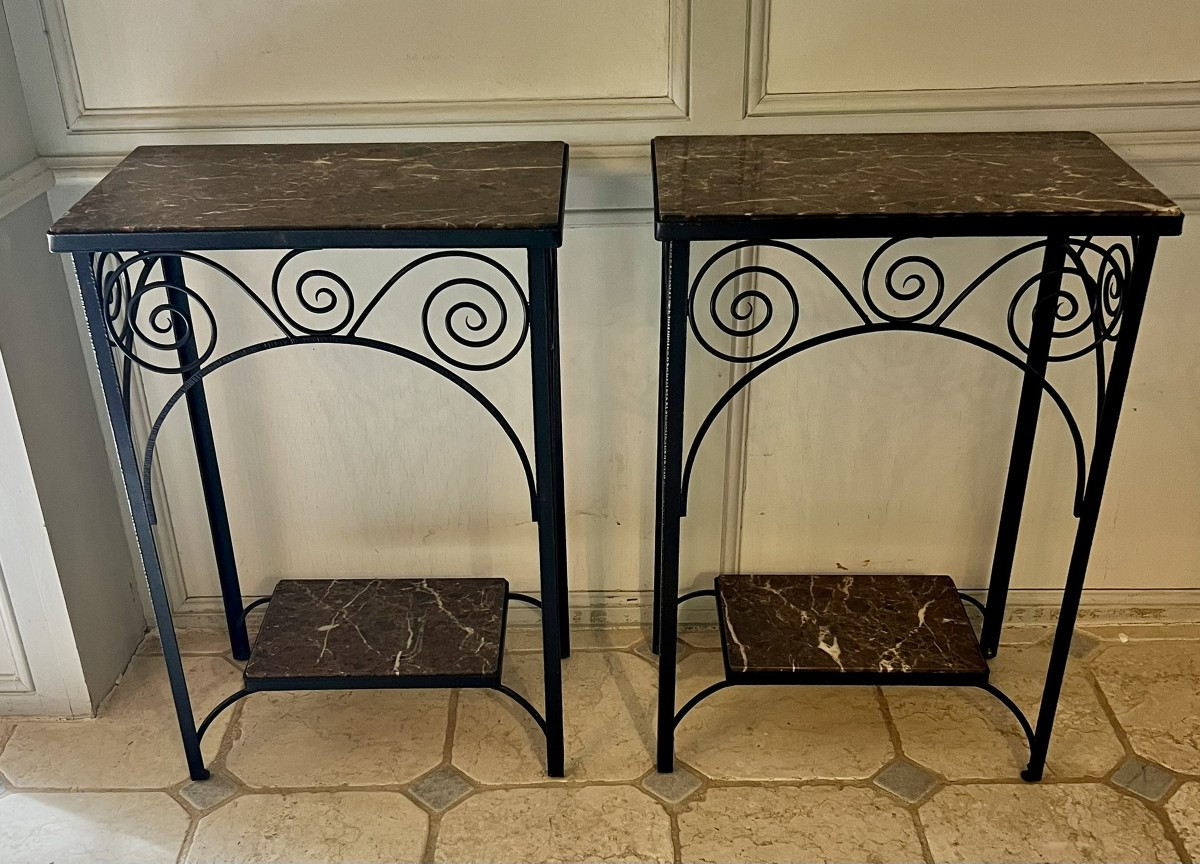 Pair Of Wrought-iron Sellettes With Breche Marble Tops, Mid-20th Century Work.