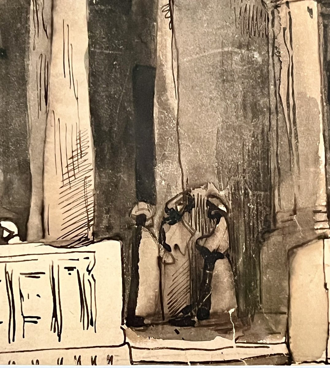 2 Antique Pen-and-ink Drawings With Wash, 19th Century – Architecture Of Egypt And India-photo-4