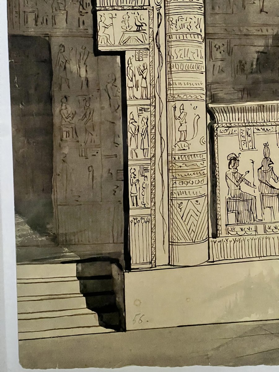 2 Antique Pen-and-ink Drawings With Wash, 19th Century – Architecture Of Egypt And India-photo-1