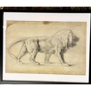 Antique Graphite Drawing Of An Animal—lion In Profile, 19th Century