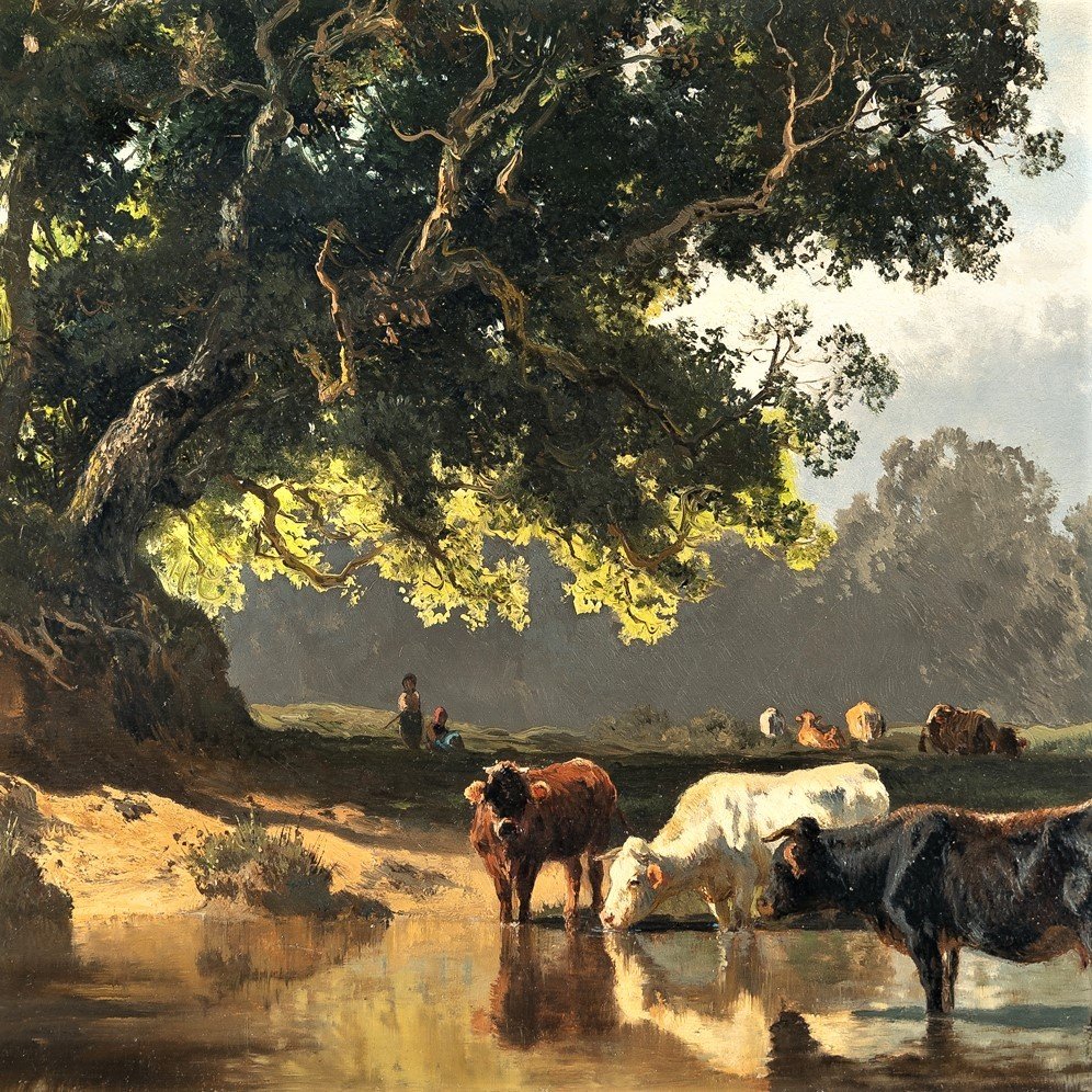 Cows At The Watering Place - Josef Wenglein 