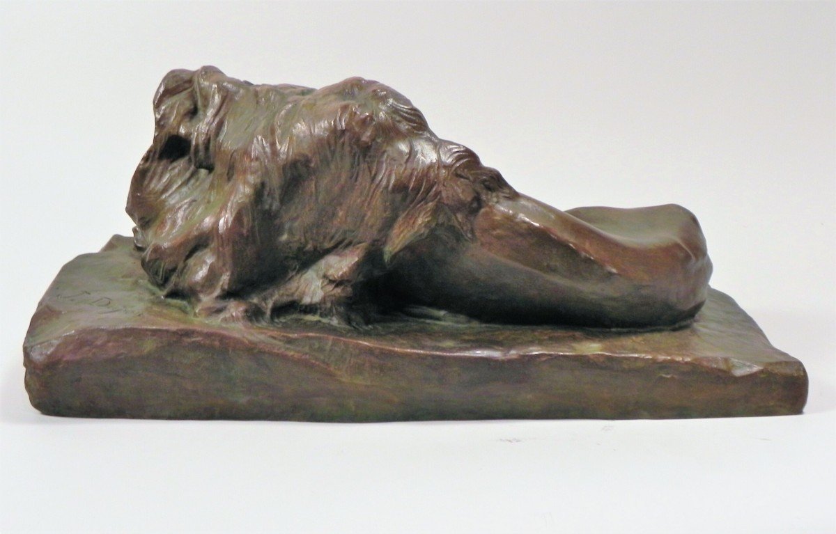 Josuë Dupon  (1864-1935)  - Lying Lion  Bronze (ca 1908) -photo-2