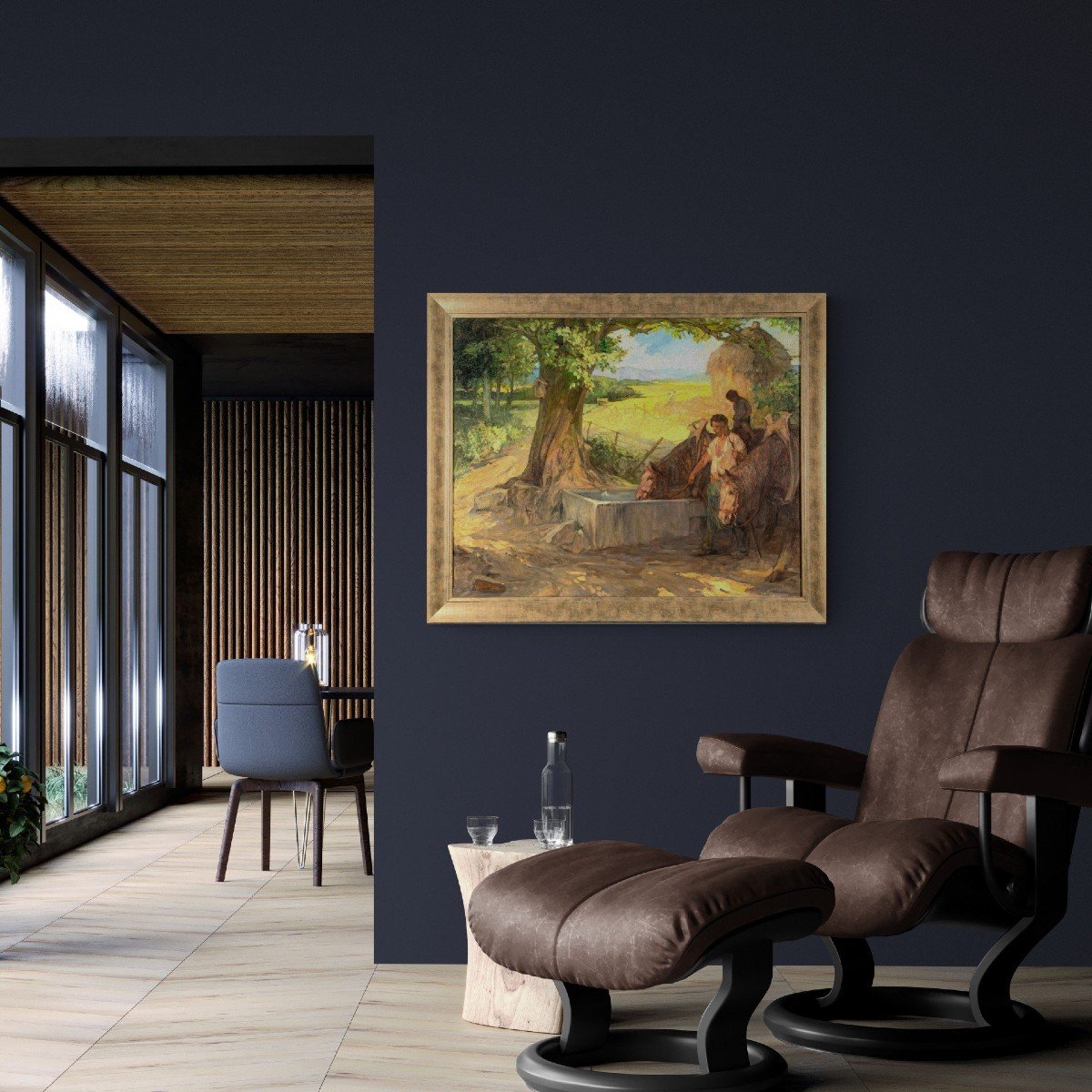 Chevaux Au Repos à l'Abreuvoir Huile Sur Toile De Jules Pierre Van Biesbroeck-photo-1