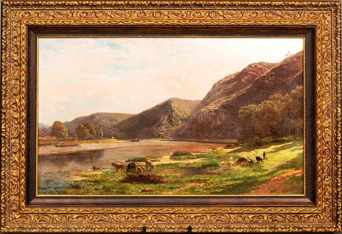 Au Bord De La Meuse Près De Waulsort Par François Roffiaen (1820-1898) Huile Sur Toile-photo-2