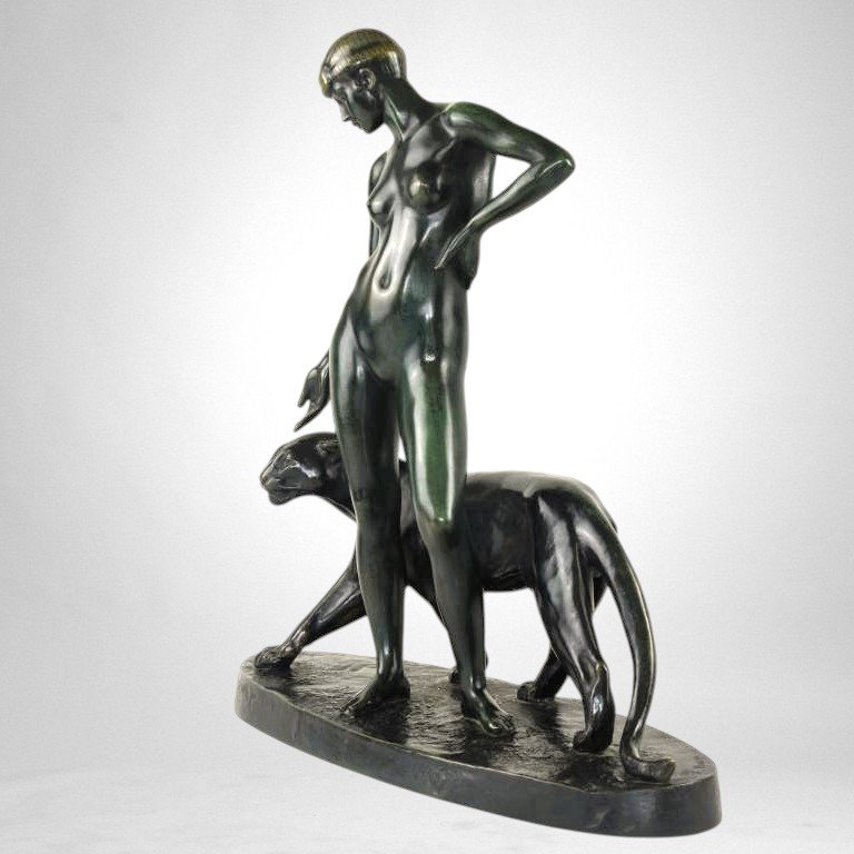 Woman And Panther – Bronze By Albert Poncin (1877-1954), Art Deco Influence-photo-3