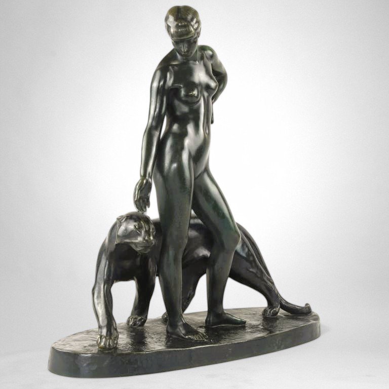 Woman And Panther – Bronze By Albert Poncin (1877-1954), Art Deco Influence-photo-4