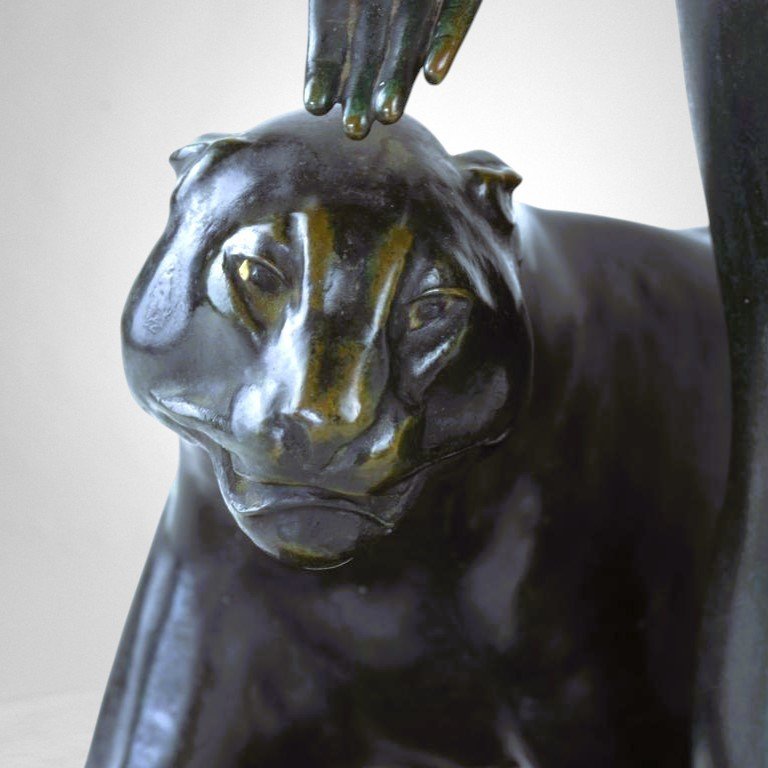 Woman And Panther – Bronze By Albert Poncin (1877-1954), Art Deco Influence-photo-3