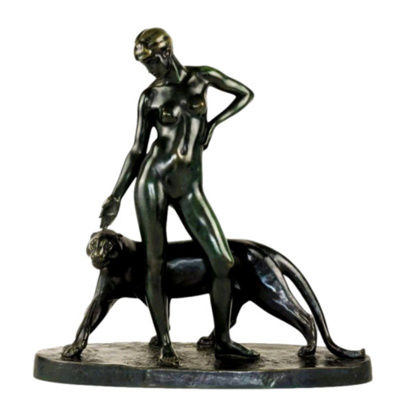 Woman And Panther – Bronze By Albert Poncin (1877-1954), Art Deco Influence