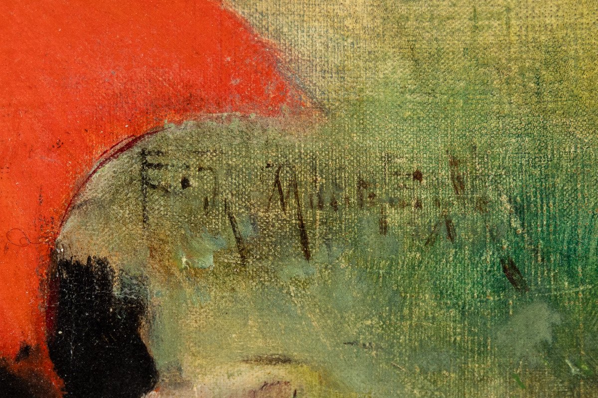 The Red Parasol, Oil On Canvas By Edgard De St-pierre De Montzaigle (1867–1930)-photo-2