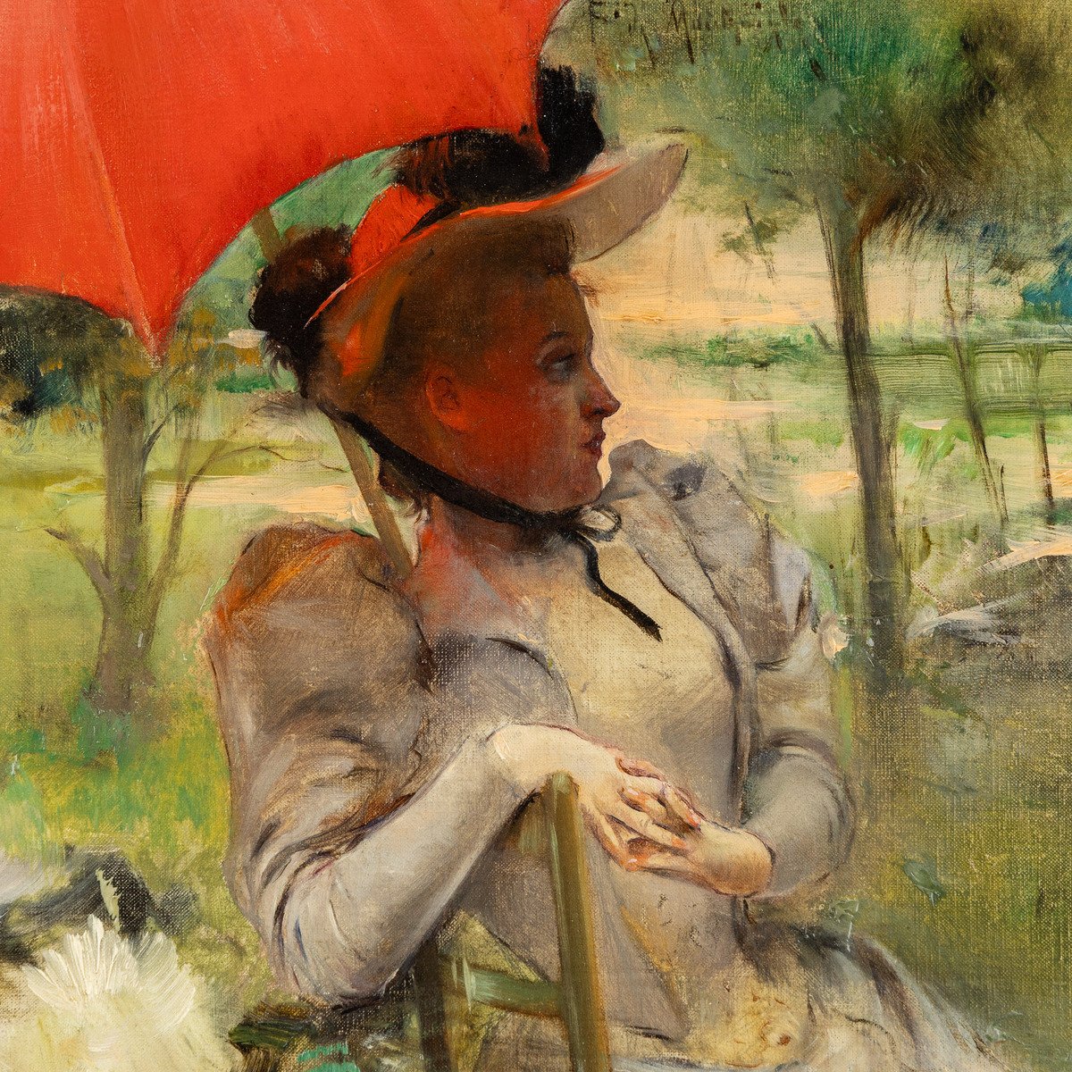 The Red Parasol, Oil On Canvas By Edgard De St-pierre De Montzaigle (1867–1930)-photo-3