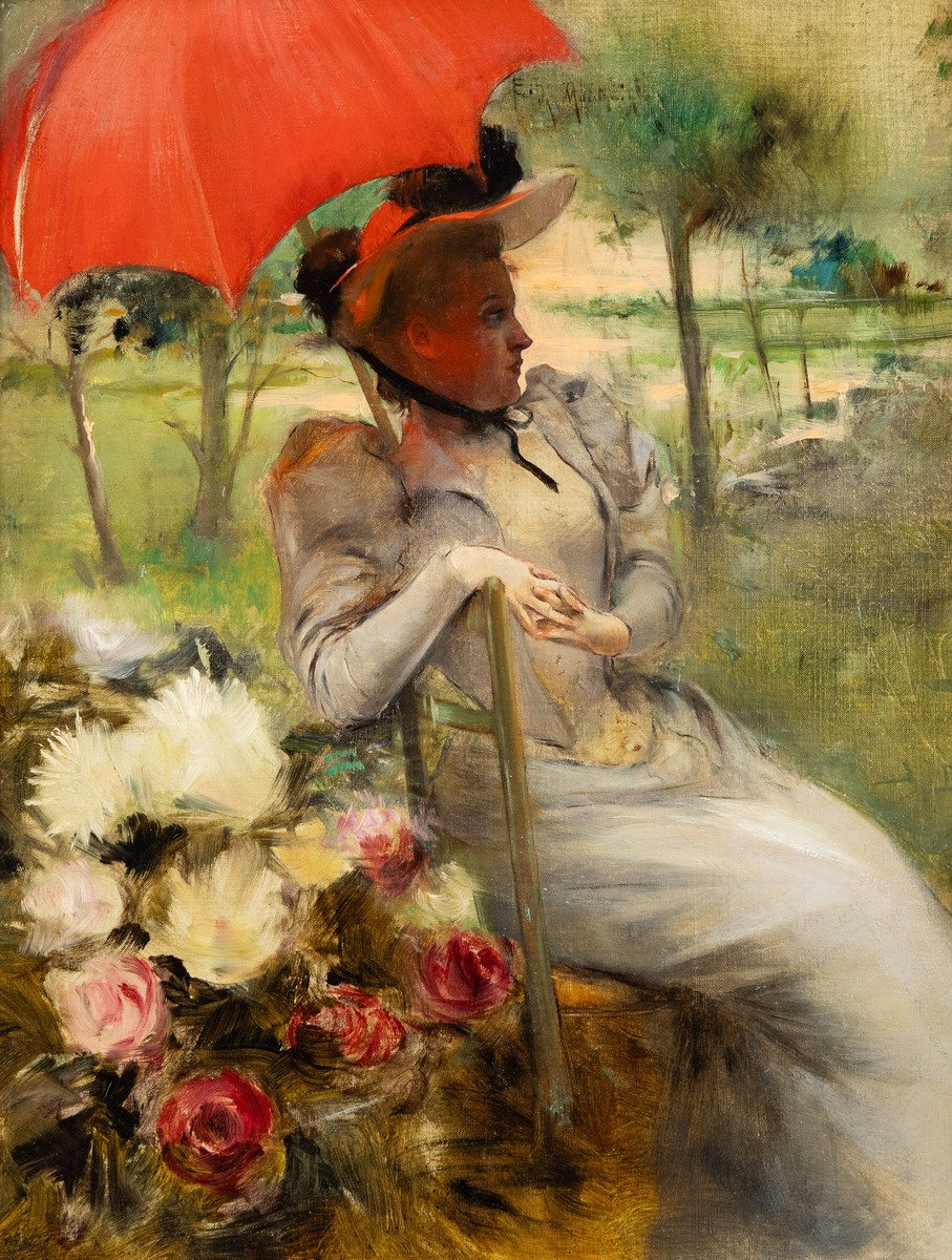 The Red Parasol, Oil On Canvas By Edgard De St-pierre De Montzaigle (1867–1930)-photo-4
