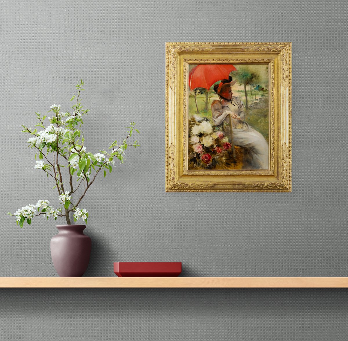 The Red Parasol, Oil On Canvas By Edgard De St-pierre De Montzaigle (1867–1930)-photo-3