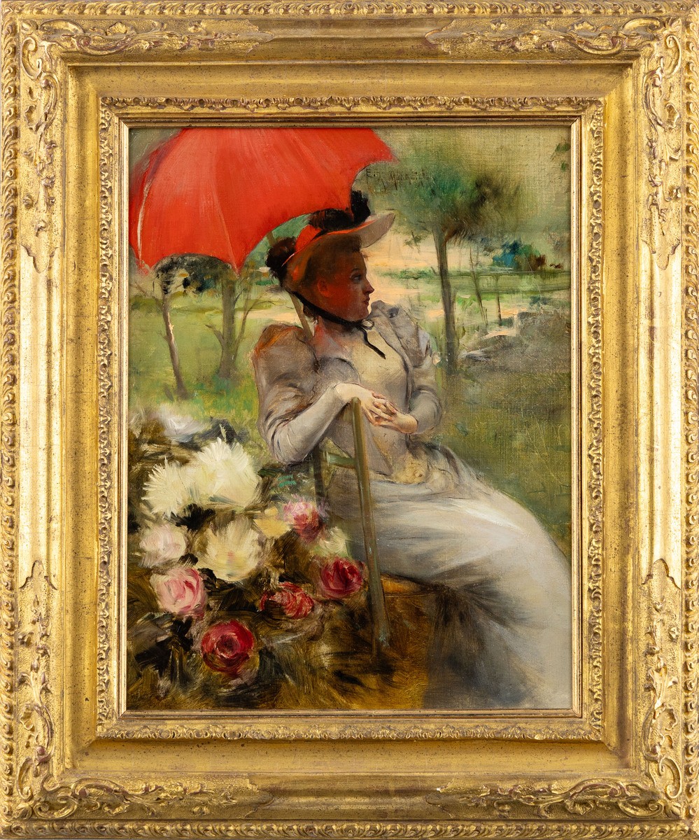 The Red Parasol, Oil On Canvas By Edgard De St-pierre De Montzaigle (1867–1930)