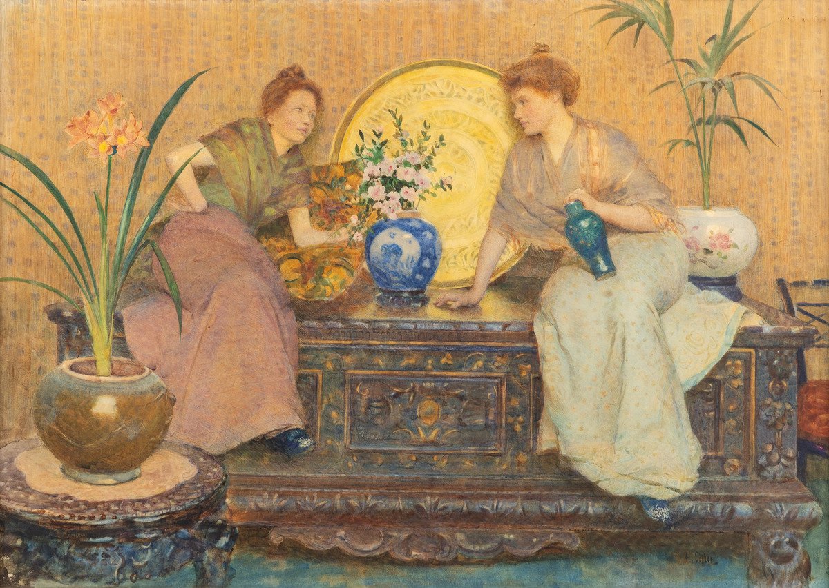Whispers And Porcelain, Aquarelle Par Hector Caffieri (1847–1932)-photo-2