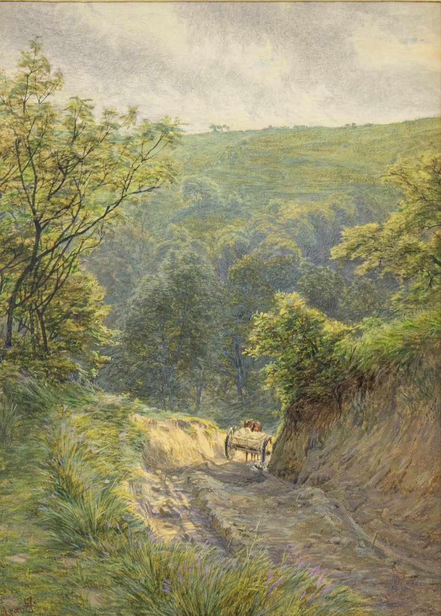 Chemin de sable avec charrette et chevaux,  Aquarelle par Frank Walton (1840–1928)-photo-2
