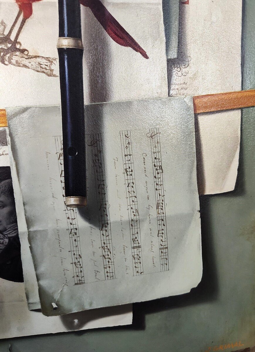 Nature morte avec flûte et cardinal rouge, Peinture à l’huile sur toile par Jean Grimal-photo-3