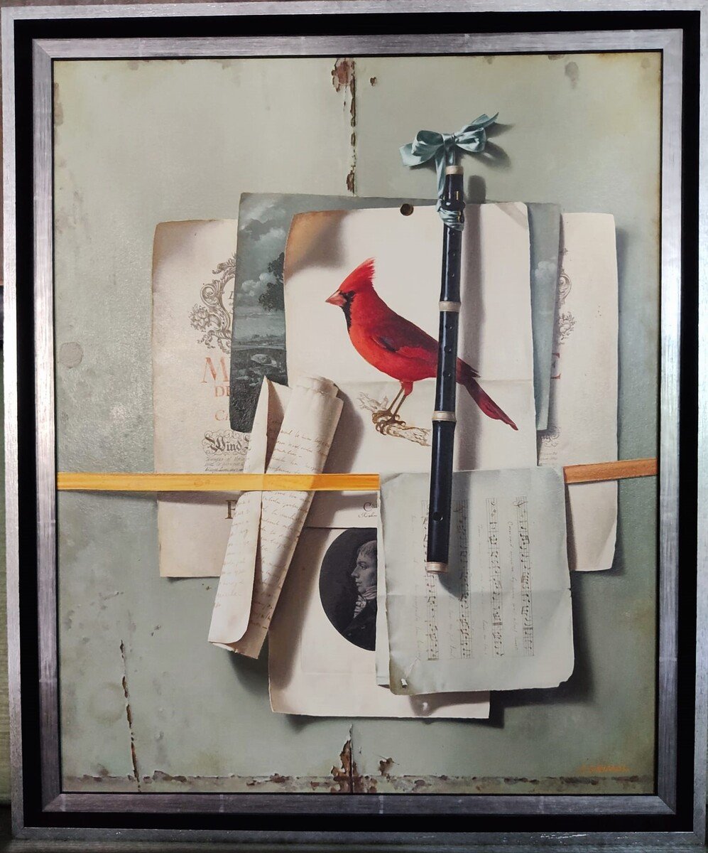 Nature morte avec flûte et cardinal rouge, Peinture à l’huile sur toile par Jean Grimal-photo-4