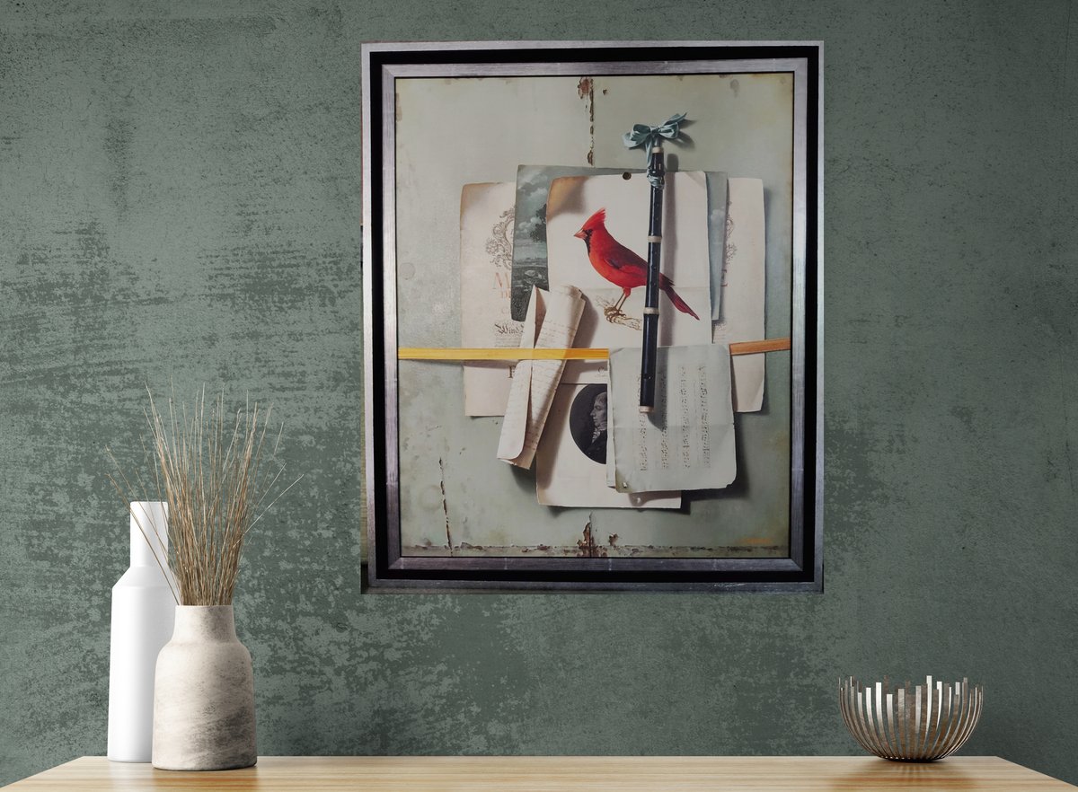 Nature morte avec flûte et cardinal rouge, Peinture à l’huile sur toile par Jean Grimal-photo-1