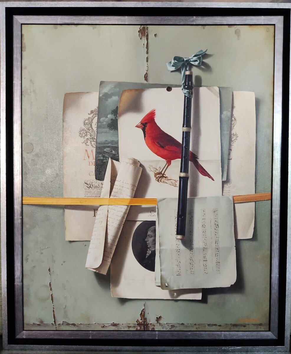Nature morte avec flûte et cardinal rouge, Peinture à l’huile sur toile par Jean Grimal