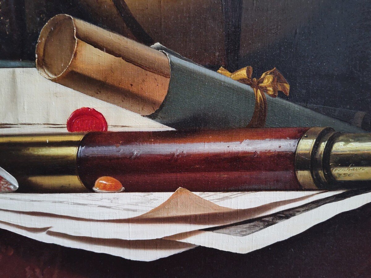  Nature Morte avec Globe, Livres et Longue-vue, Huile sur toile par Jean Grimal (1942–1998)-photo-2