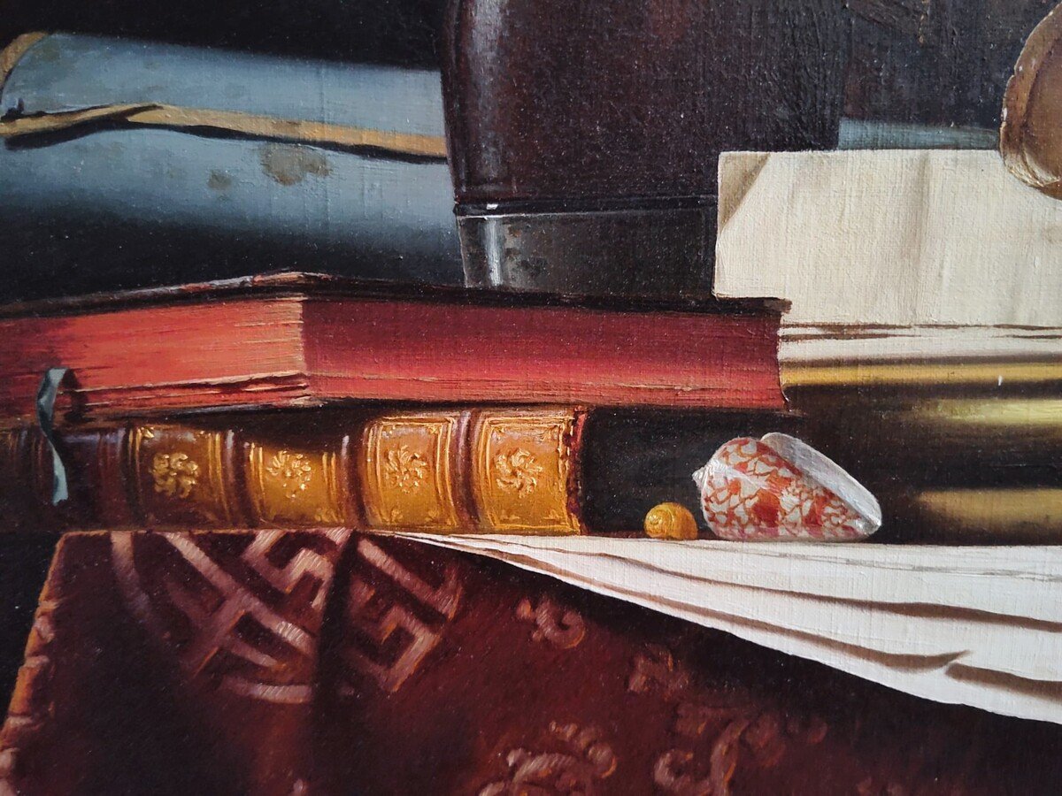  Nature Morte avec Globe, Livres et Longue-vue, Huile sur toile par Jean Grimal (1942–1998)-photo-3