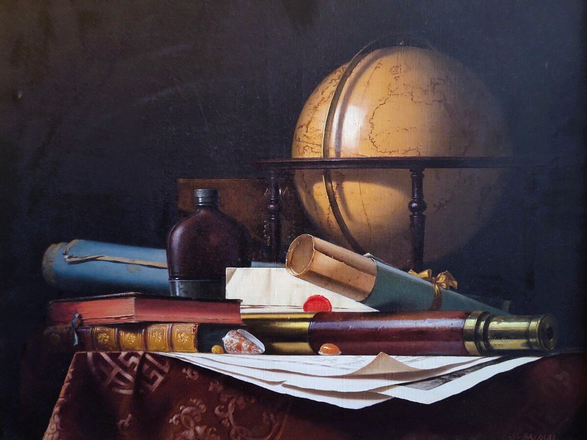  Nature Morte avec Globe, Livres et Longue-vue, Huile sur toile par Jean Grimal (1942–1998)-photo-4
