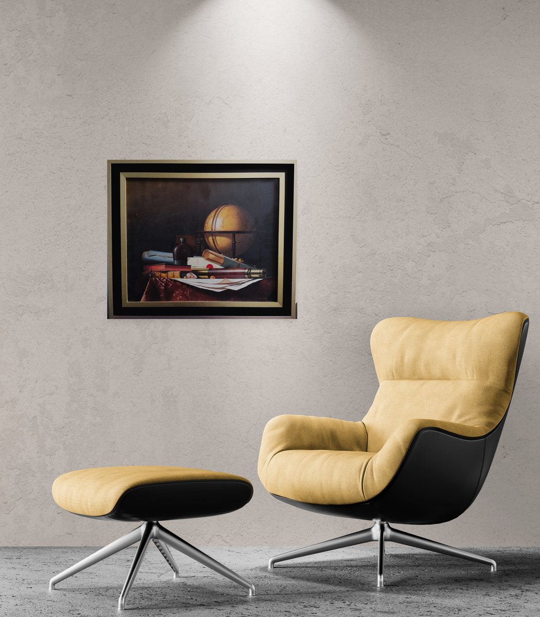  Nature Morte avec Globe, Livres et Longue-vue, Huile sur toile par Jean Grimal (1942–1998)-photo-2