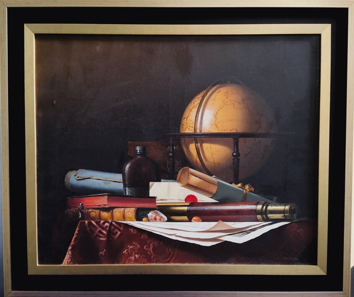  Nature Morte avec Globe, Livres et Longue-vue, Huile sur toile par Jean Grimal (1942–1998)-photo-3