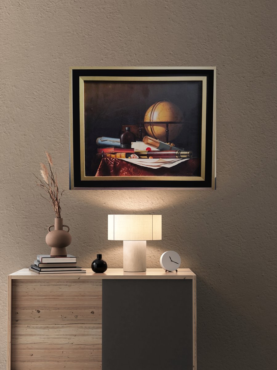  Nature Morte avec Globe, Livres et Longue-vue, Huile sur toile par Jean Grimal (1942–1998)-photo-5