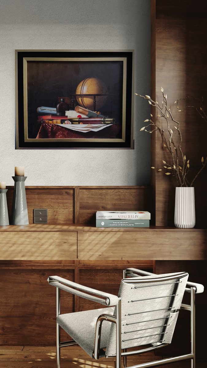  Nature Morte avec Globe, Livres et Longue-vue, Huile sur toile par Jean Grimal (1942–1998)-photo-6
