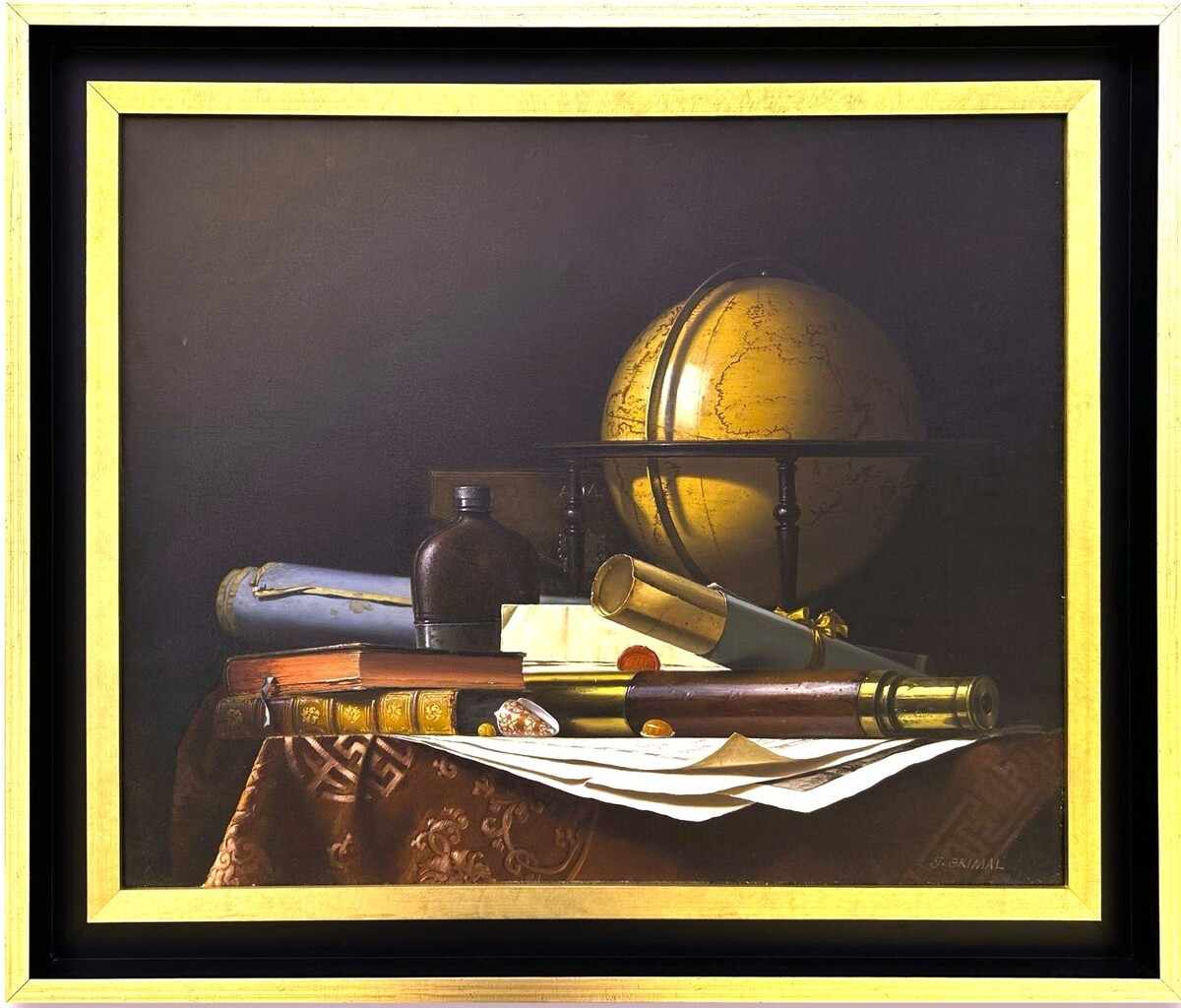  Nature Morte avec Globe, Livres et Longue-vue, Huile sur toile par Jean Grimal (1942–1998)