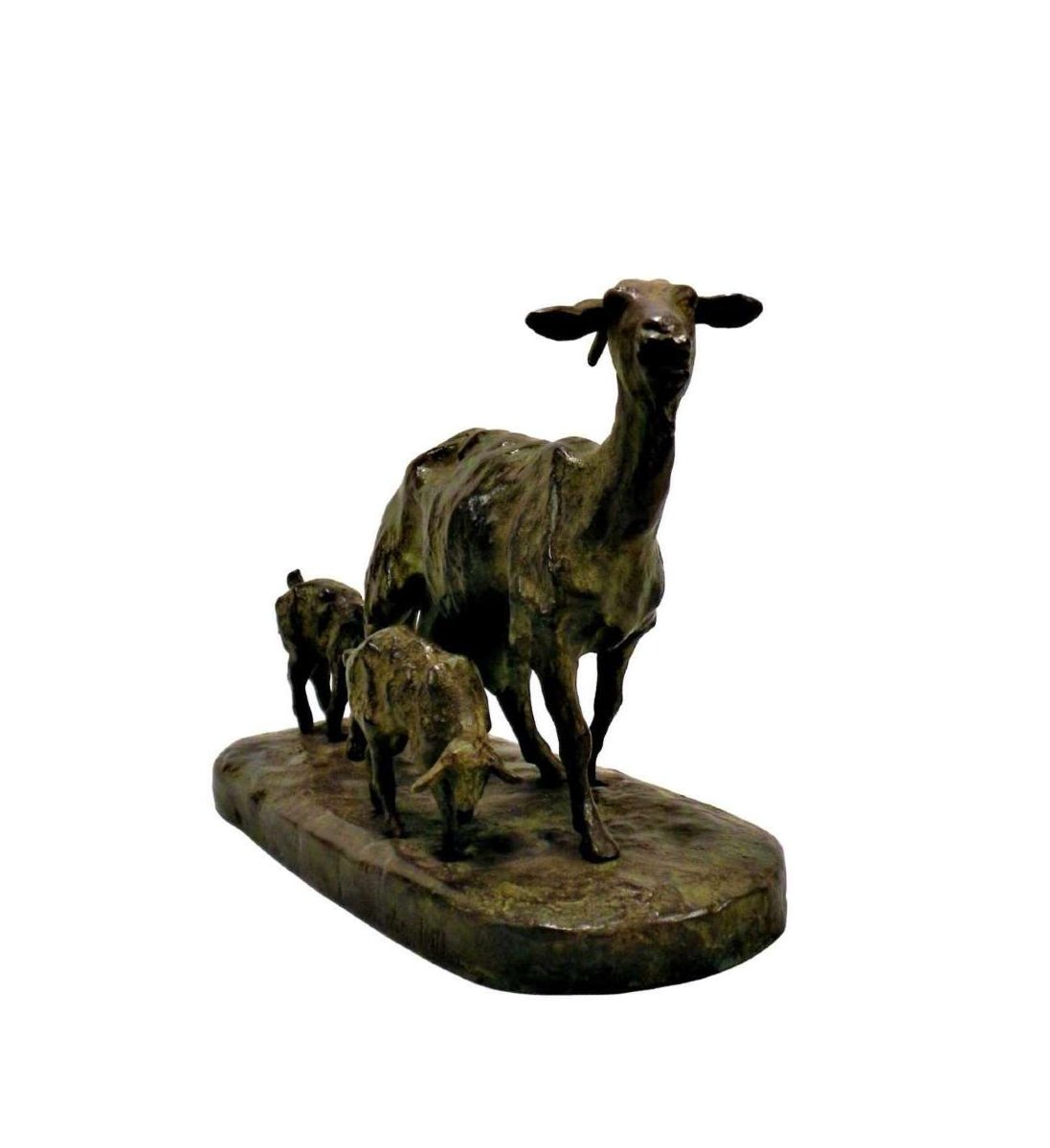 Bronze Goat Statue With Her Kids By Ary Bitter - (1883-1973)-photo-1