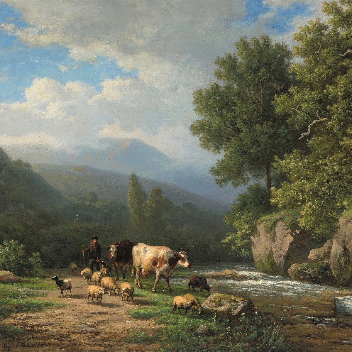 Troupeau Près d'Une Rivière à Débit Rapide Par Verboeckhoven Eugène (1798 - 1881)