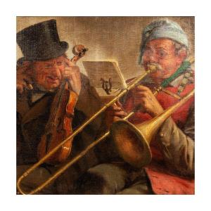 Un Concert Cacophonique , Huile Sur Toile Par Léon Herbo